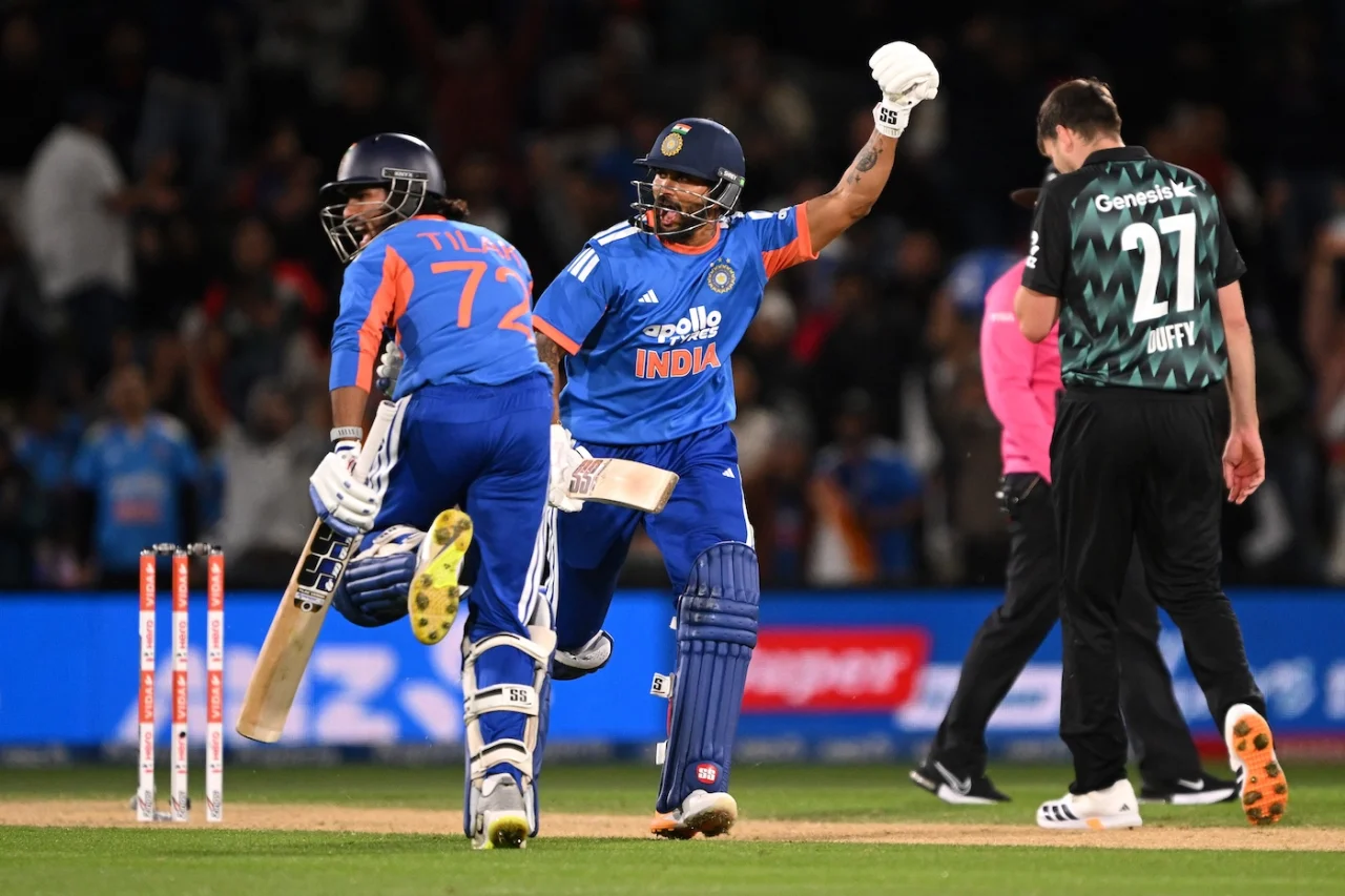 Nitish Reddy and Tilak Varma celebrate as India win second T20I | Getty