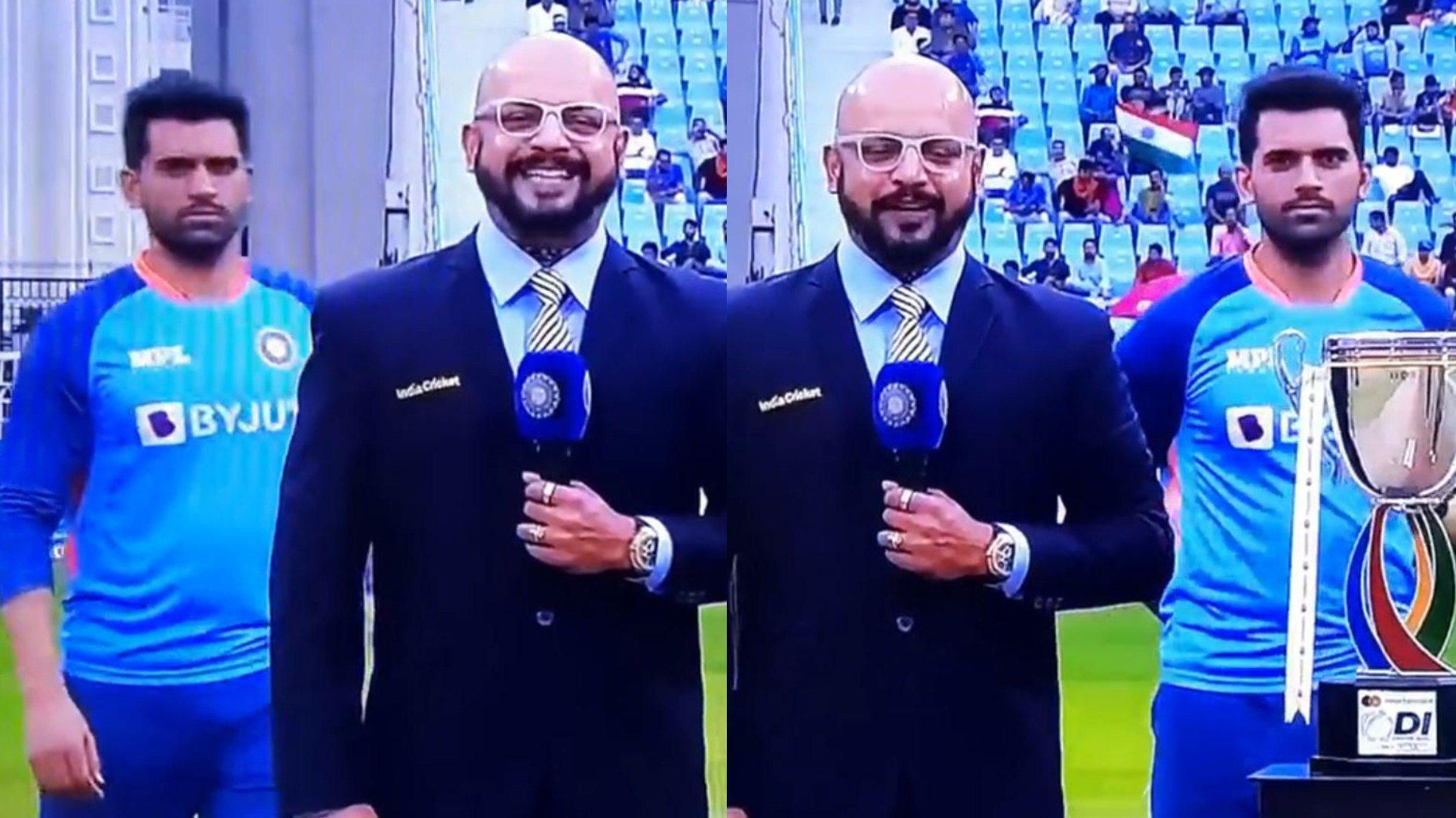 IND v SA 2022: WATCH- Deepak Chahar hilariously stands behind Murali Kartik as he updates about toss