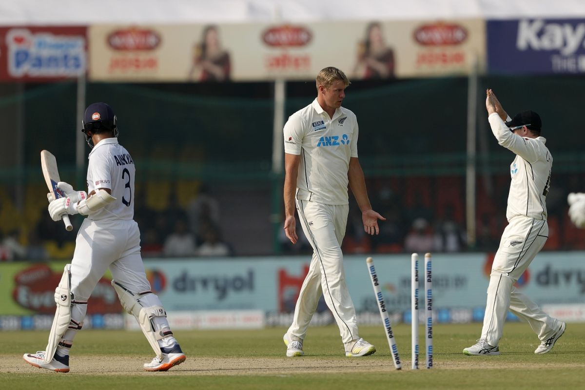 Kyle Jamieson celebrates Ajinkya Rahane's wicket in Kanpur | BCCI