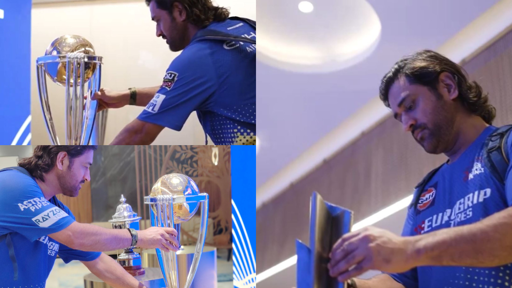 WATCH- ‘Trip down the memory lane’ as MS Dhoni reunites with 2011 World Cup and 2007 T20 World Cup trophies