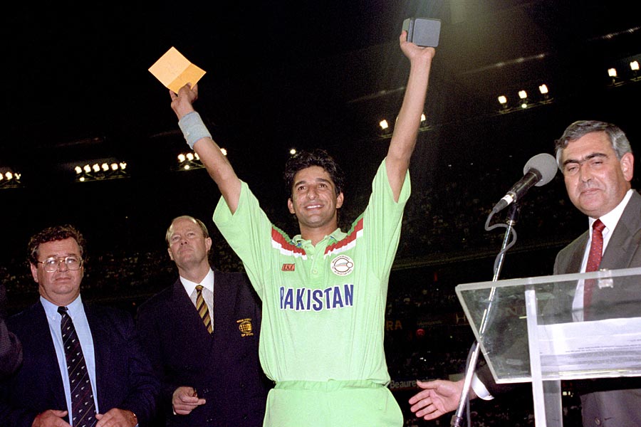 Wasim Akram with his Man of the Match award in 1992 WC final which Pakistan won | Getty