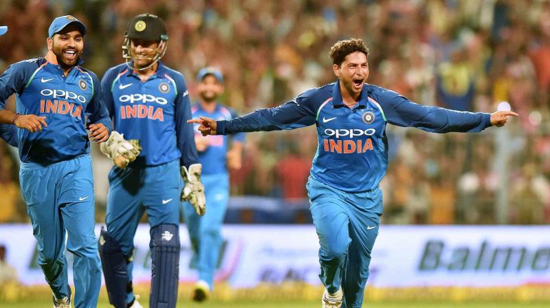 Kuldeep Yadav celebrates his first ODI hat-trick, against Australia | AFP