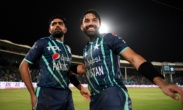 Mohammad Rizwan and Babar Azam celebrate victory in 2nd T20I against England I Getty