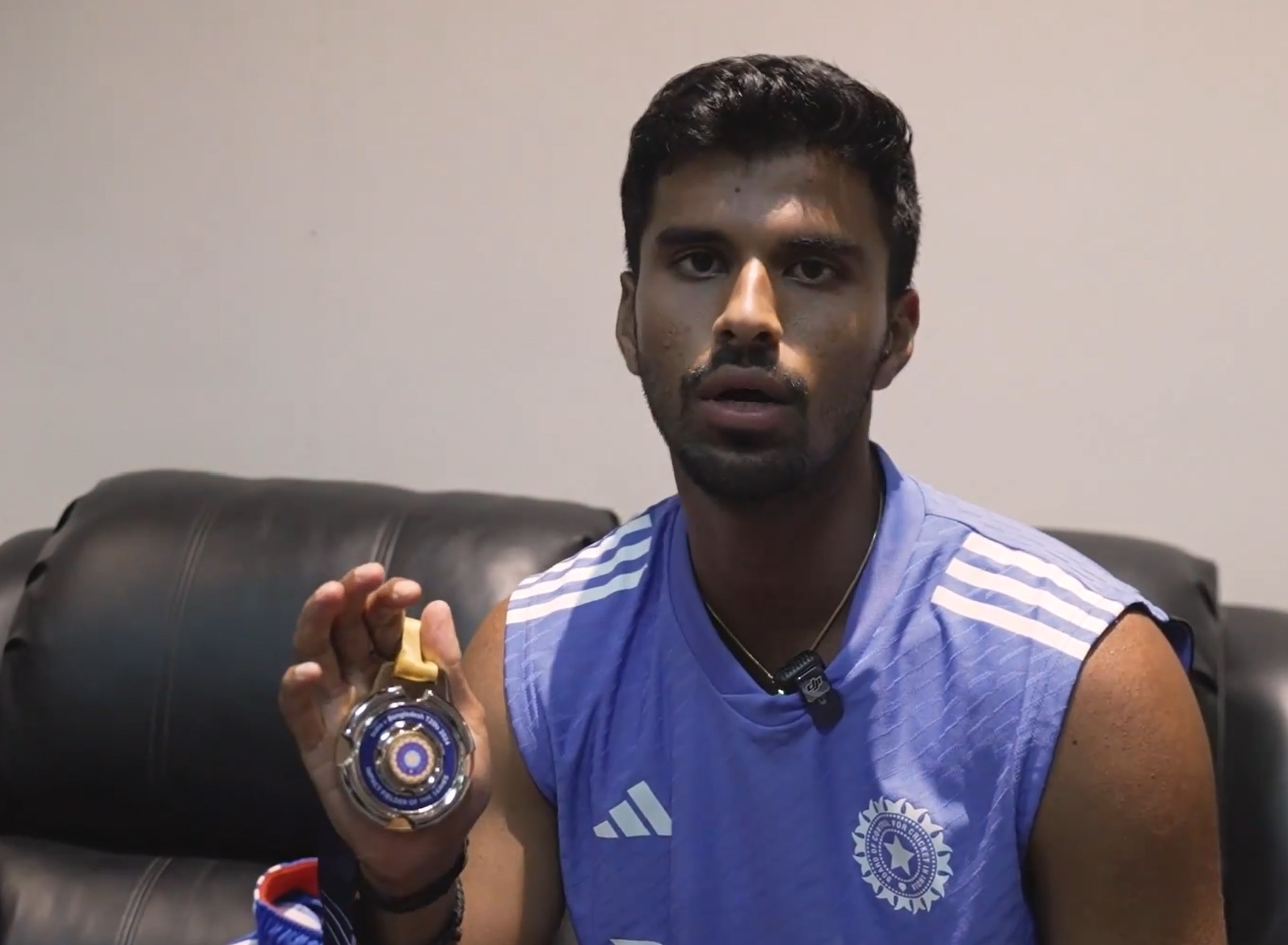 Washington Sundar with Impact fielder of the series medal | BCCI