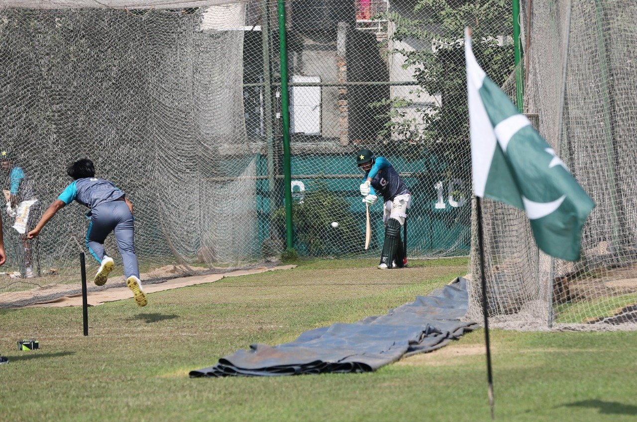Pakistan national flag planted near the nets while players go through the session | PCB Twitter