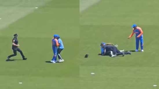 Intruder got onto the field to hug Rohit Sharma during T20 WC warmup game | X