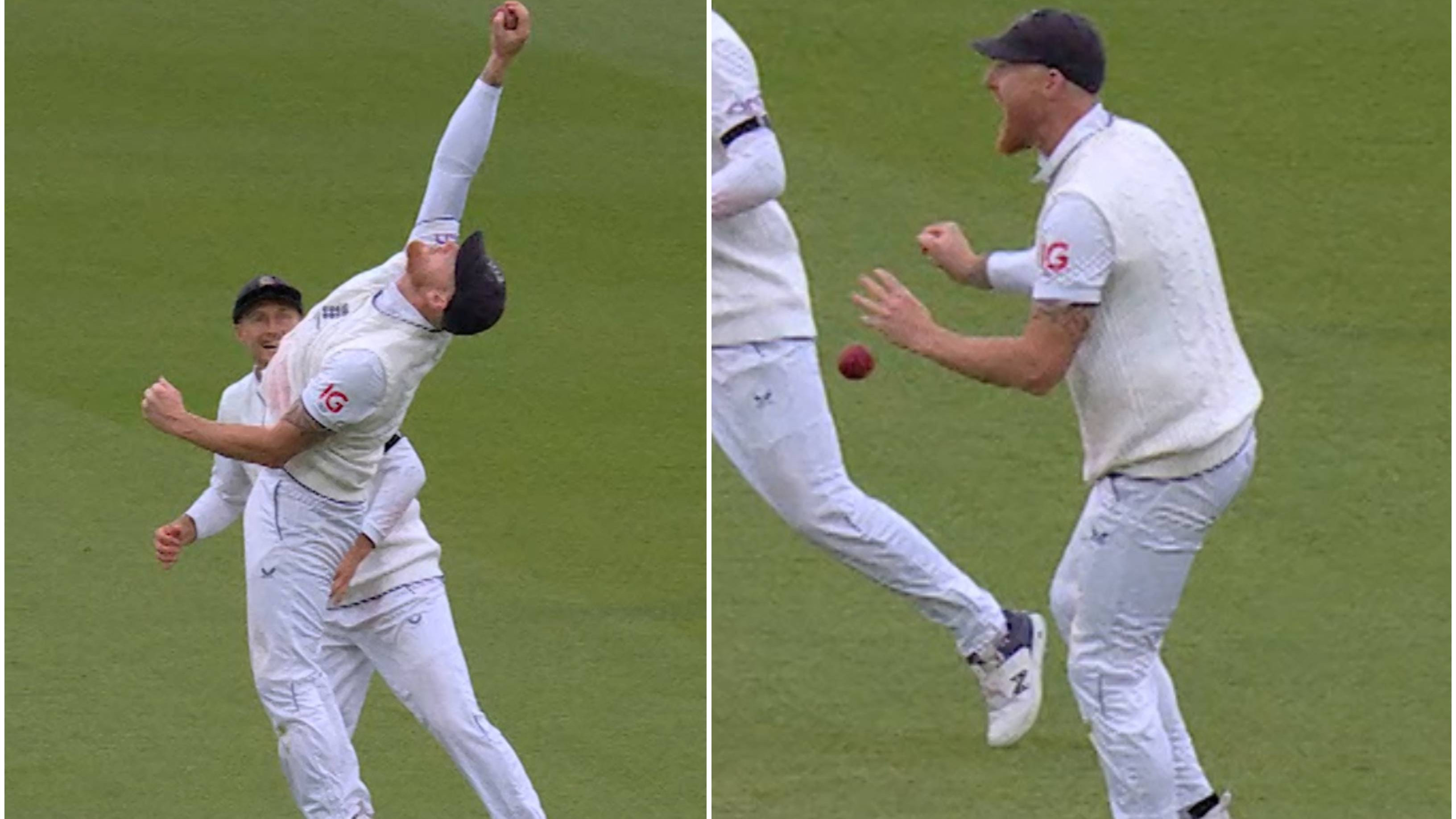 England bowler Stuart Broad celebrates with Ben Stokes and catcher