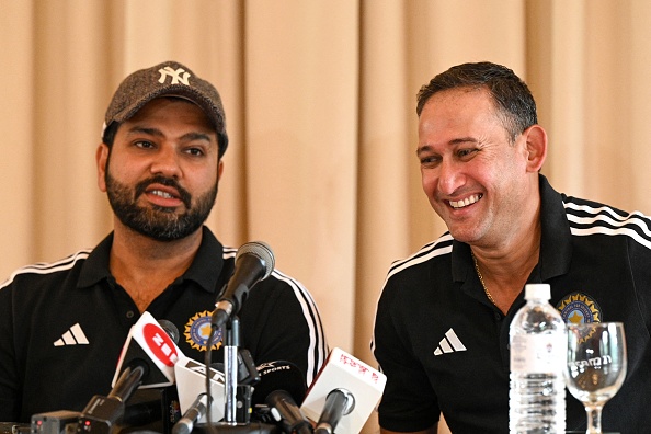 Rohit Sharma and Ajit Agarkar during presser to announce India CWC 2023 squad | Getty