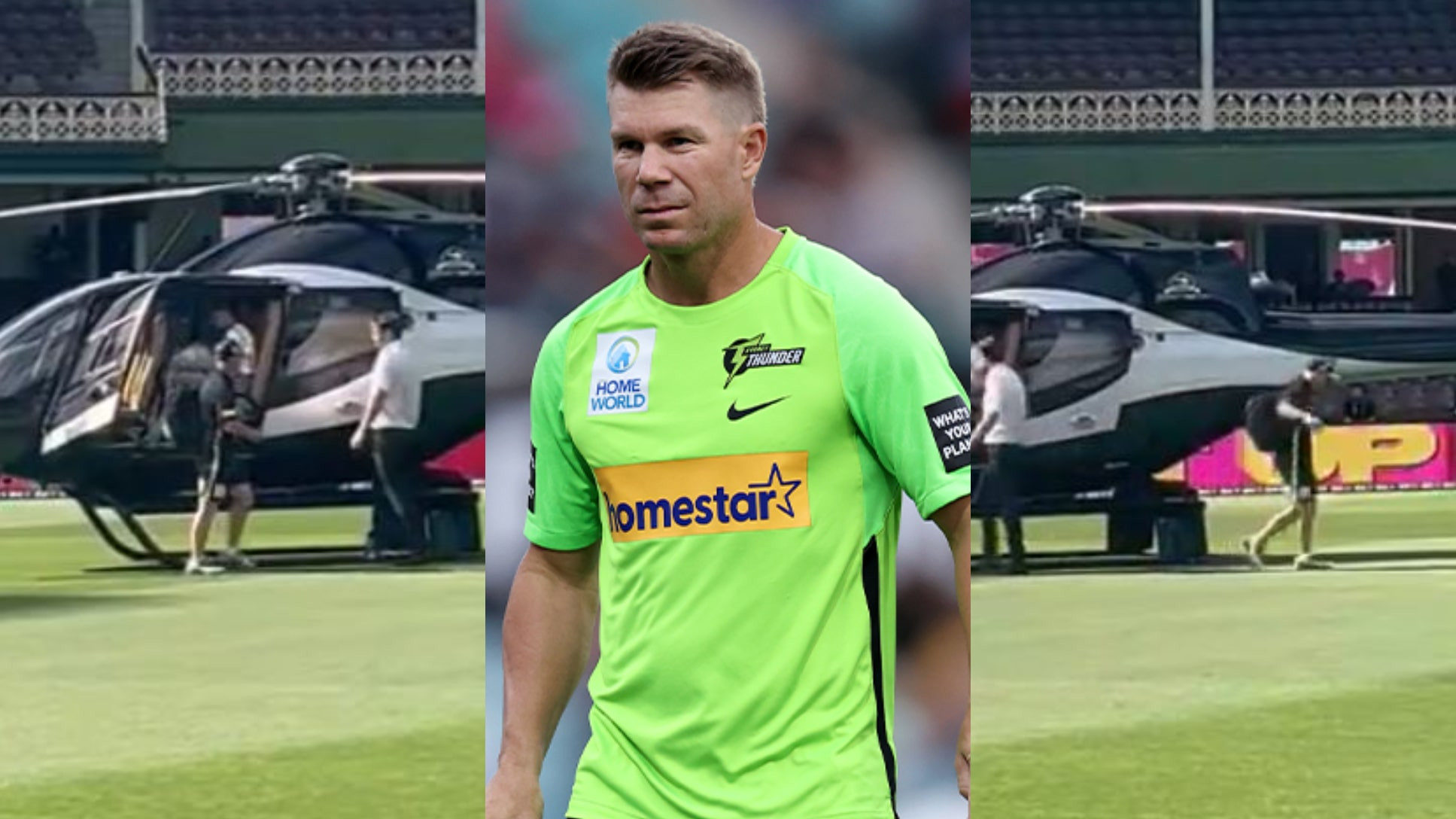 WATCH- David Warner arrives at SCG in a helicopter to play for Sydney Thunder in ongoing BBL 13