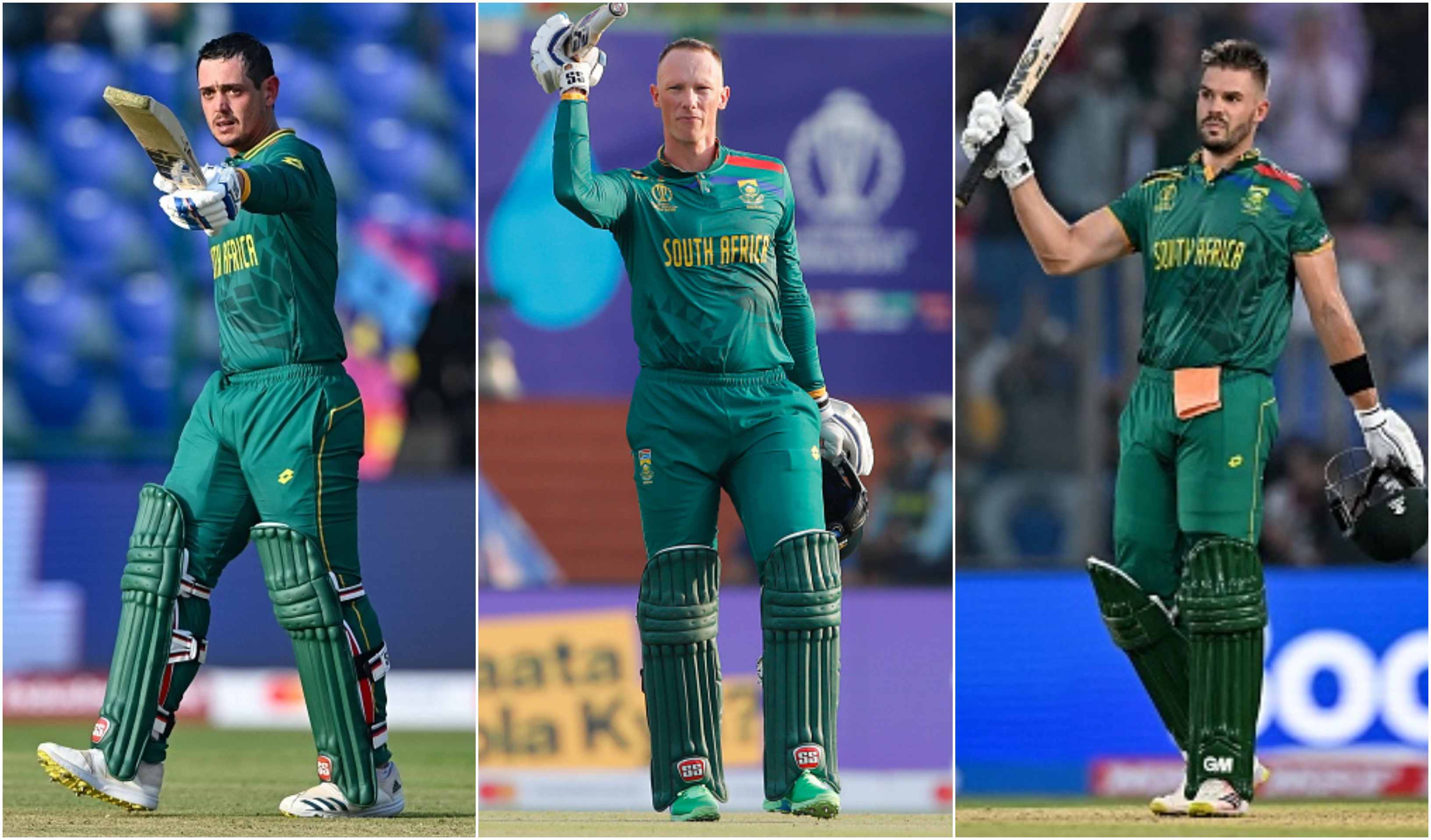 Quinton de Kock, Rassie van der Dussen and Aiden Markram celebrating their centuries | Getty