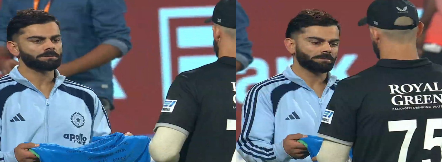 Virat Kohli gifting Daryl Mitchell a signed jersey | X