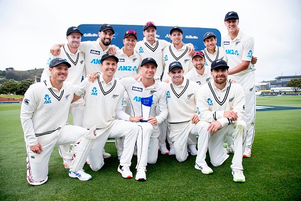 New Zealand players pose with the Test series trophy | Getty Images