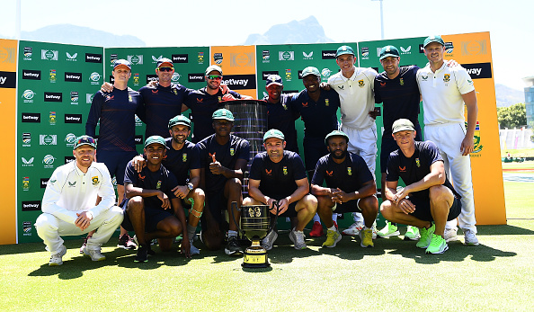 South African players posing with the Freedom Trophy | Getty