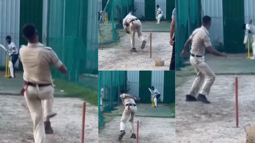 WATCH- Policeman stuns batter with his pace sending down thunderbolts in nets; netizens react