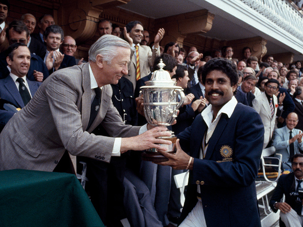 Kapil Dev receiving the World Cup trophy in 1983 at Lords | Getty