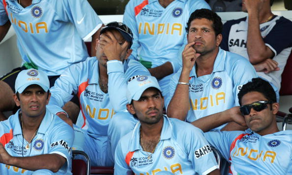 Indian team wears a mournful look as they are eliminated from World Cup 2007 in group stages