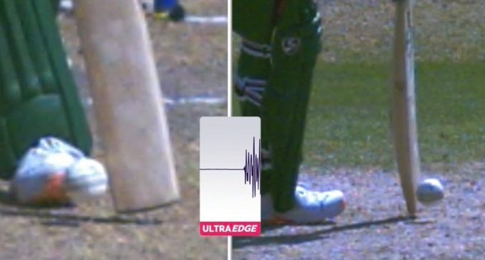 The ball hitting the bat and Shakib's pad with snicko showing a huge spike | Twitter