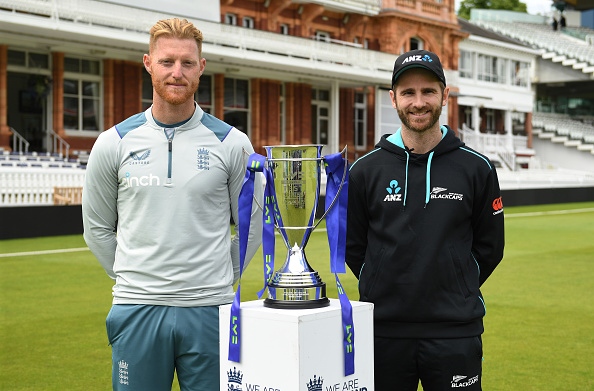 Ben Stokes and Kane Williamson pose with the trophy at Lord's I Getty