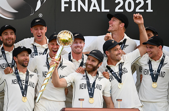 New Zealand team with ICC Test mace | Getty 