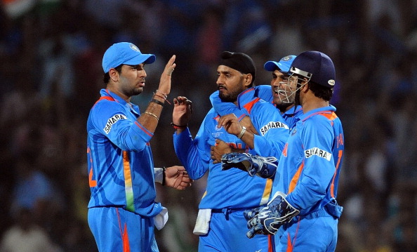 Harbhajan Singh, Yuvraj Singh and Virender Sehwag for India during 2011 World Cup | Getty