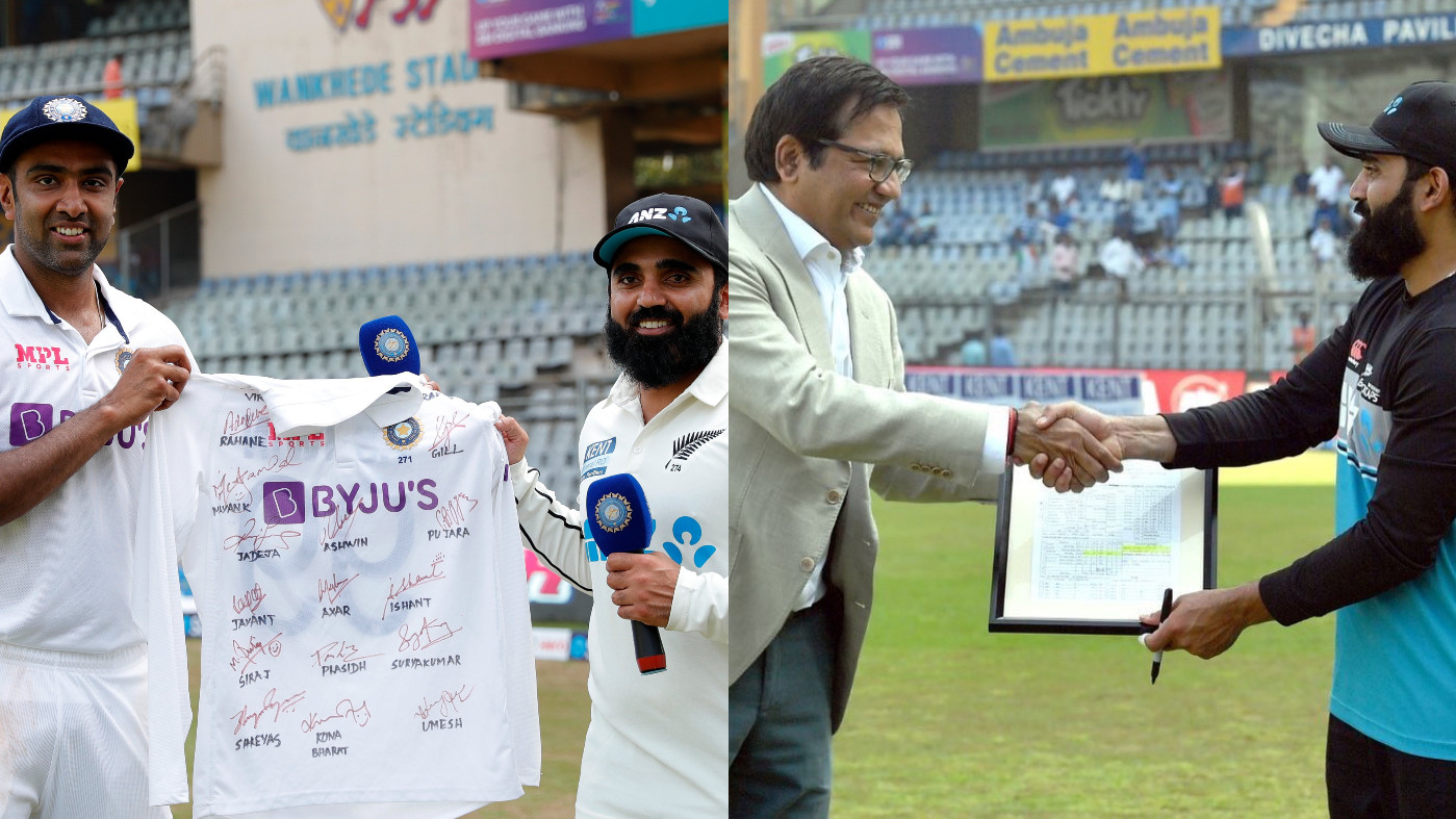 IND v NZ 2021: Team India gift signed jersey to Ajaz Patel; MCA felicitates for best bowling figures in Wankhede