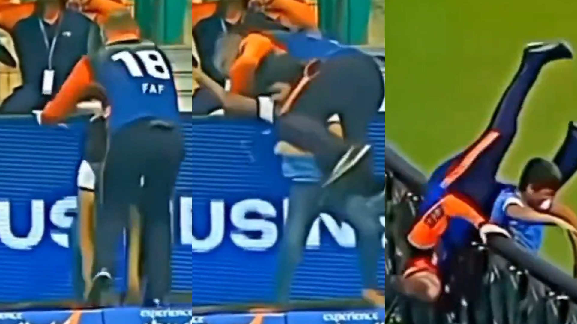 WATCH- Faf du Plessis miffed after being suplexed by the ball boy over the advertising boards