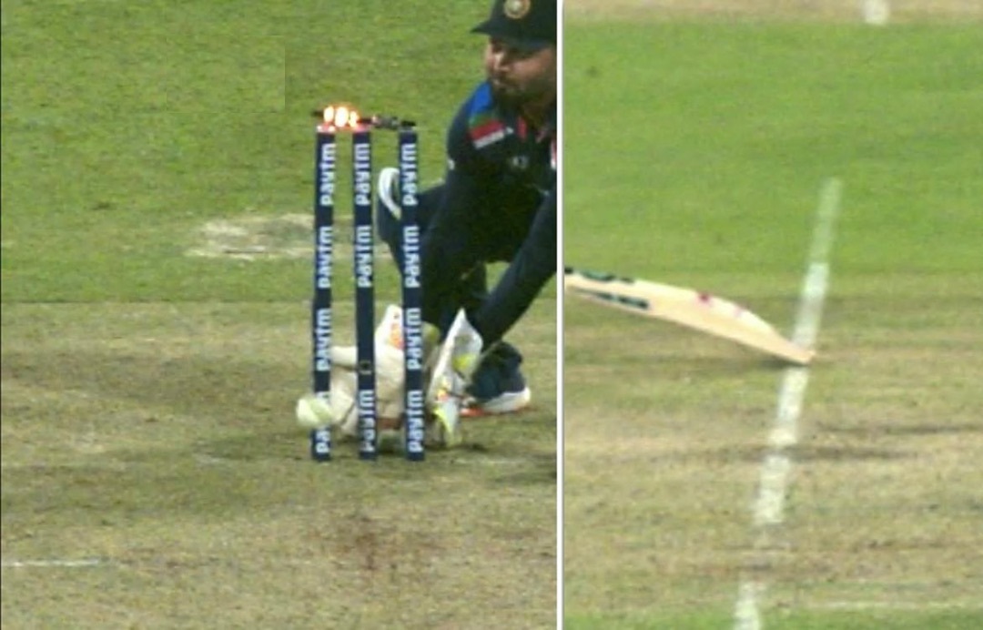 The third umpire ruled it no out despite replays showing bails coming up with the bat not crossing the crease