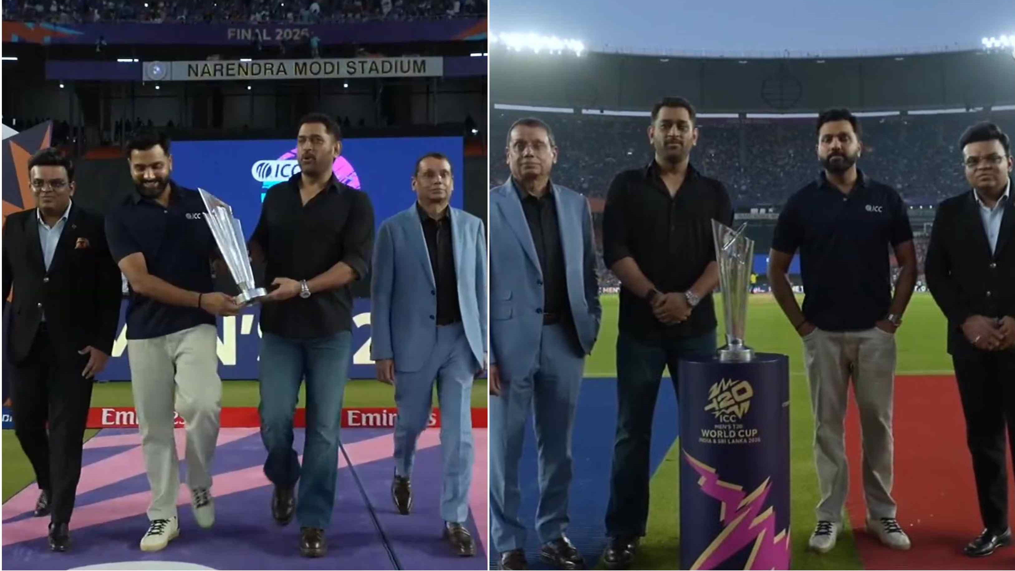 WATCH: MS Dhoni, Rohit Sharma walk out with T20 World Cup trophy at Narendra Modi Stadium ahead of final