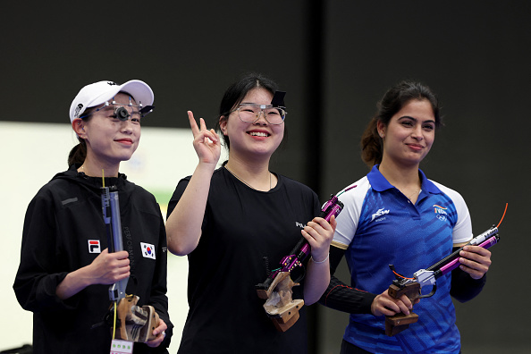 Manu Bhaker won bronze in Women 10-m air pistol event | Getty