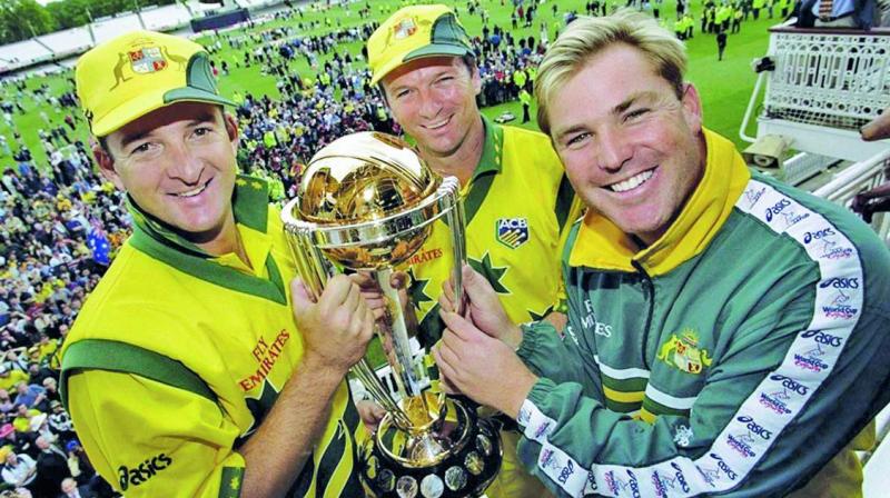 Shane Warne, Steve and Mark Waugh with the 1999 ICC World Cup