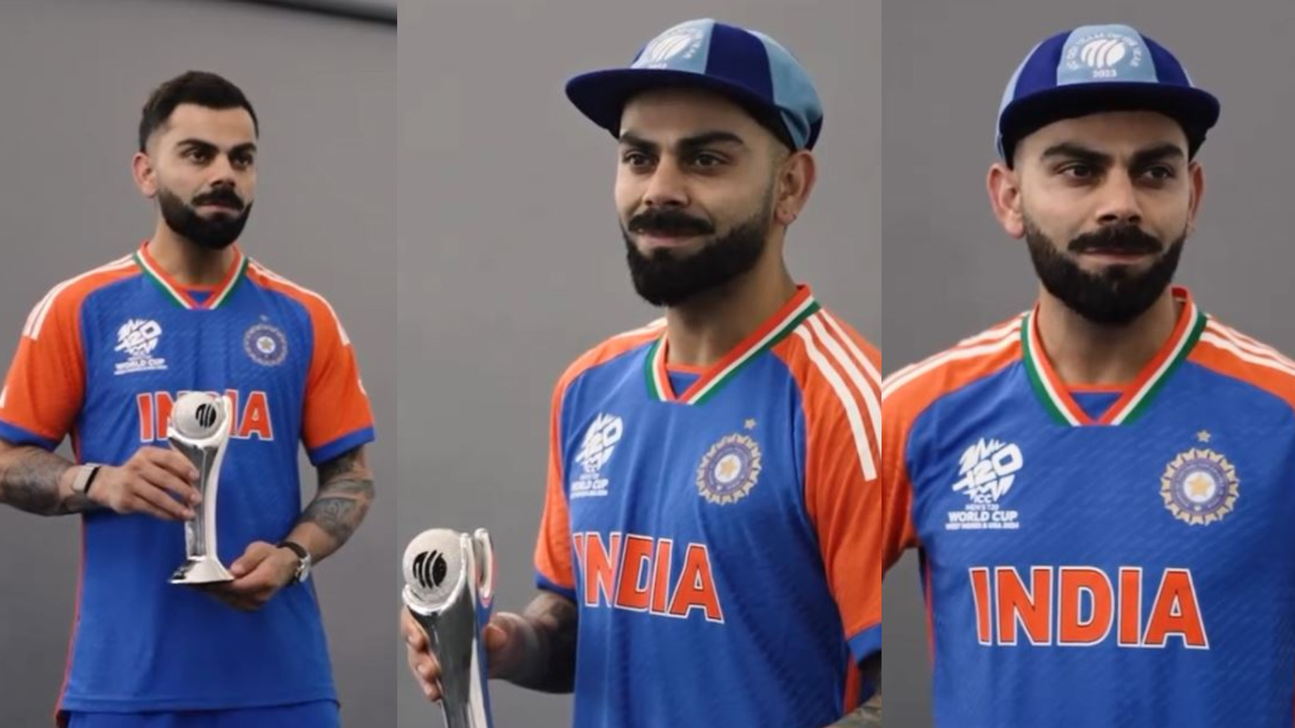 WATCH- Virat Kohli poses with the ICC ODI Player of the Year 2023 award and ODI Team of the Year Cap