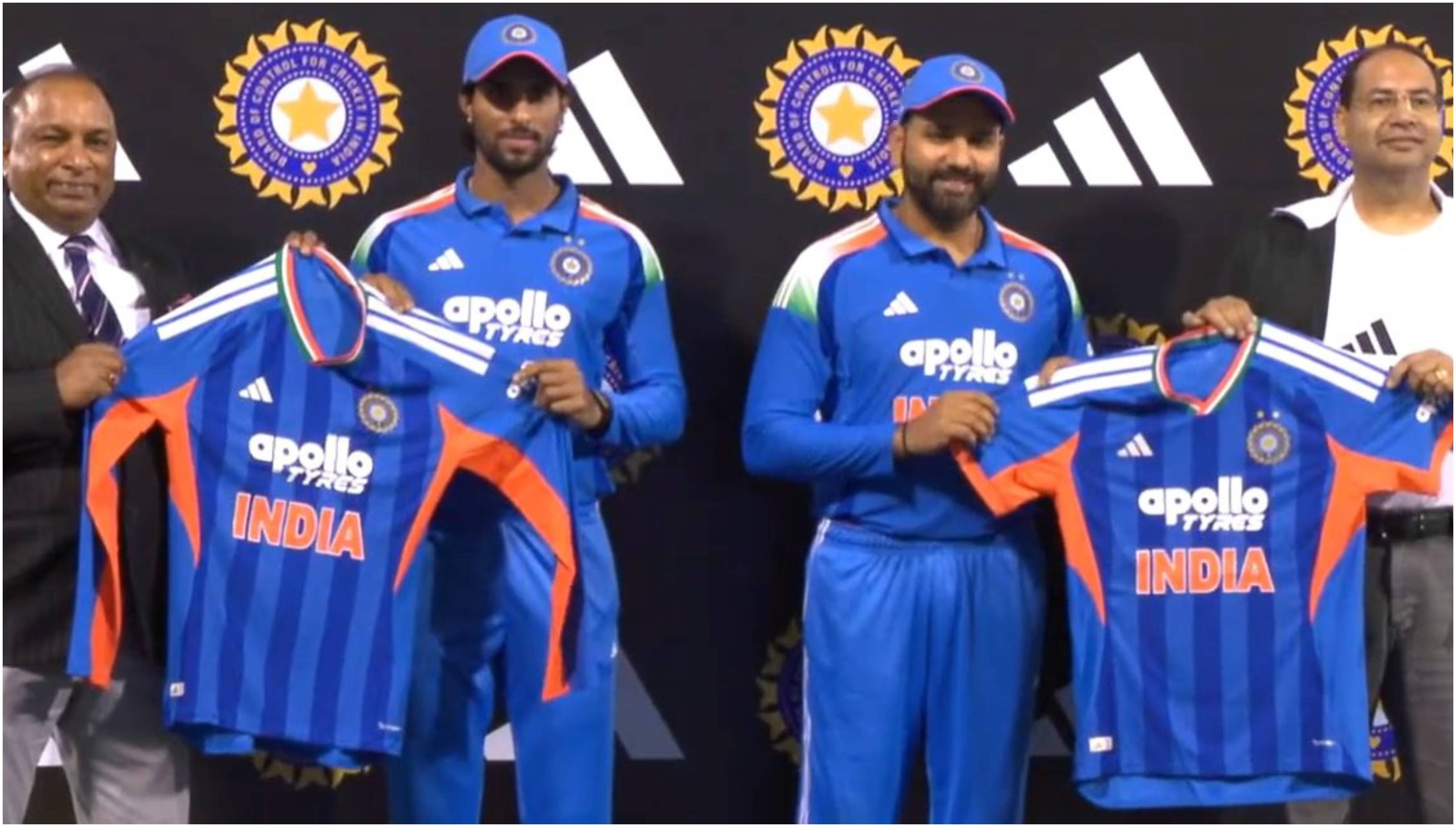 Rohit Sharma and Tilak Varma during India's T20I jersey launch ceremony | X