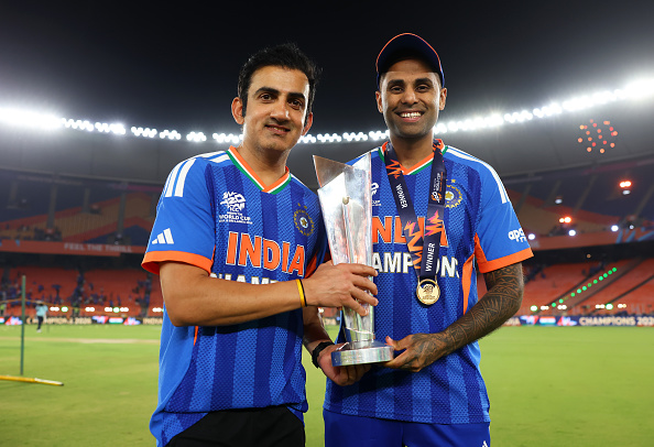 Gautam Gambhir with Suryakumar Yadav and T20 World Cup trophy | Getty