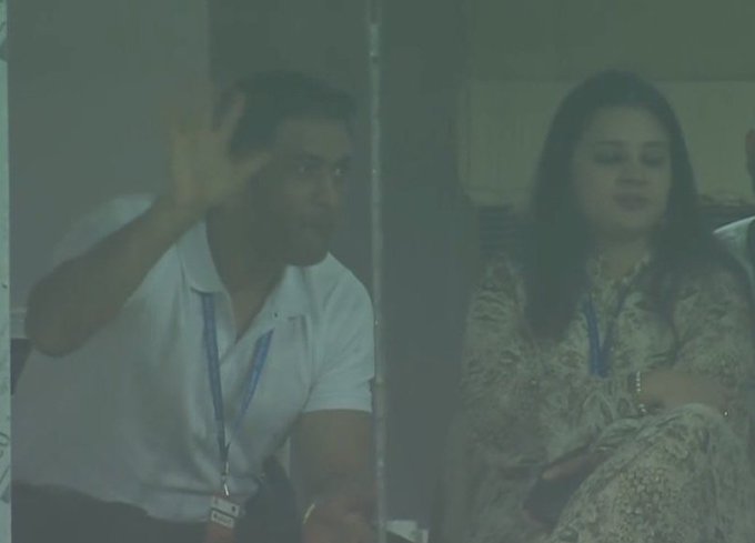 MS Dhoni waves while watching the 1st India-New Zealand T20I in Ranchi | BCCI