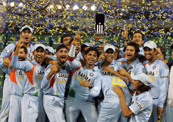 Indian team celebrates after winning the 2008 CB series tri-nation tournament | Getty