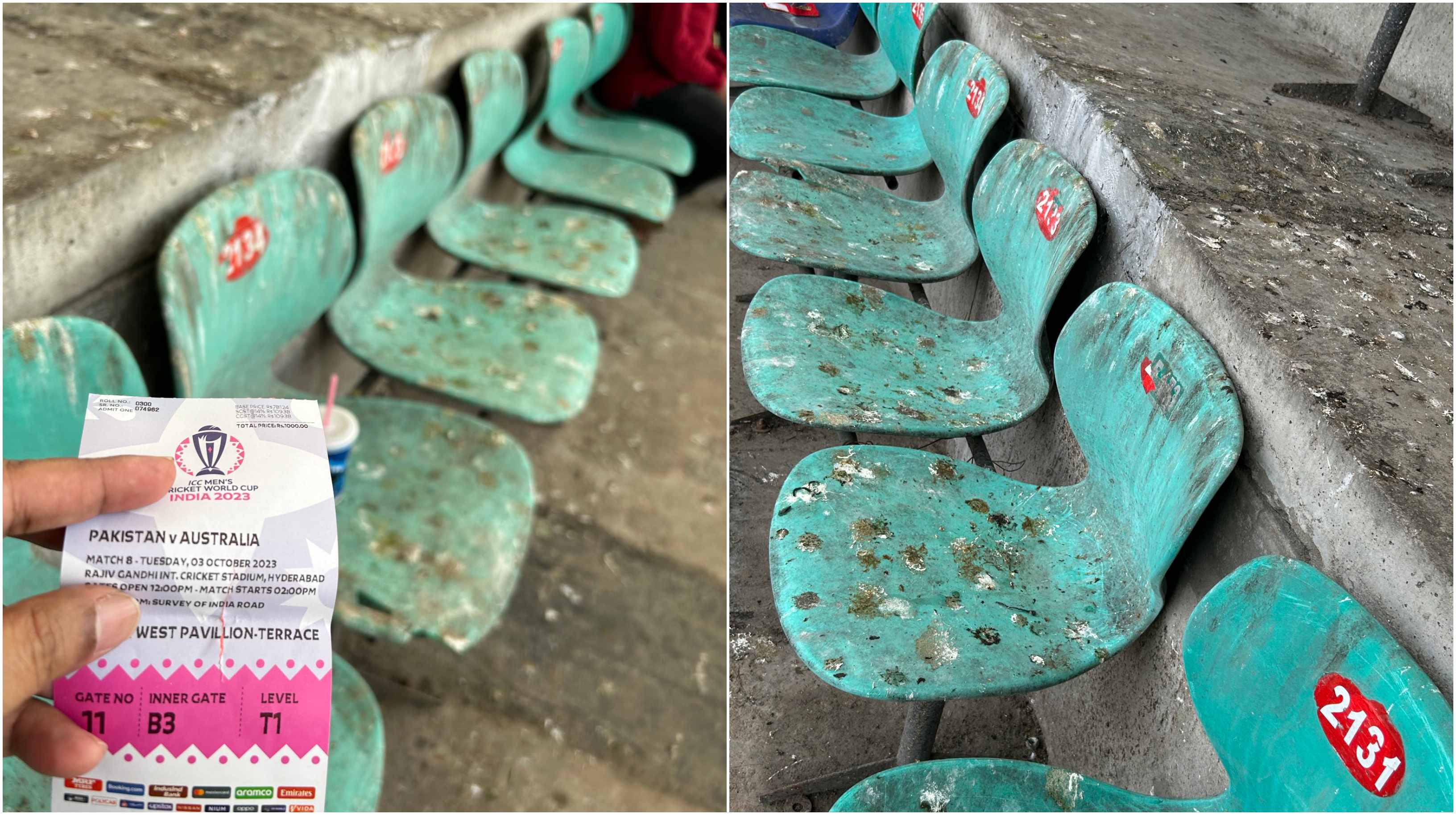 Dilapidated seats at Hyderabad's Rajiv Gandhi International Stadium | @C4CRICVENKATESH/X