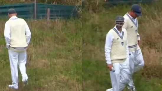 Nathan Lyon searches for the ball in bushes | X