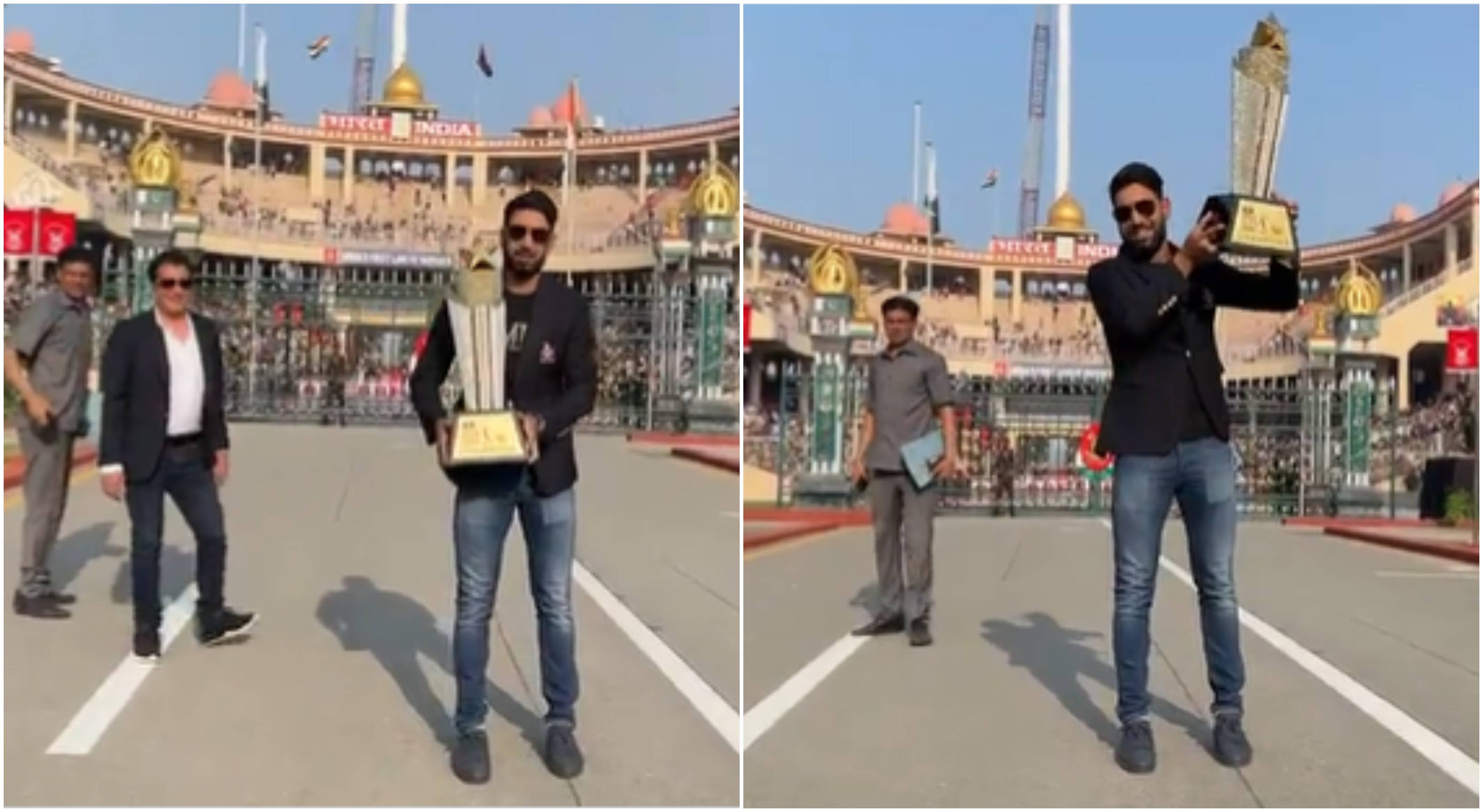 Haris Rauf posing with the PSL 2023 trophy at Wagah Border | Screengrab