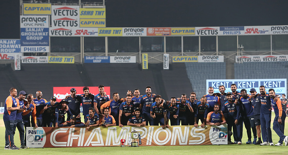Team India pose with the trophy after winning the ODI series | Getty