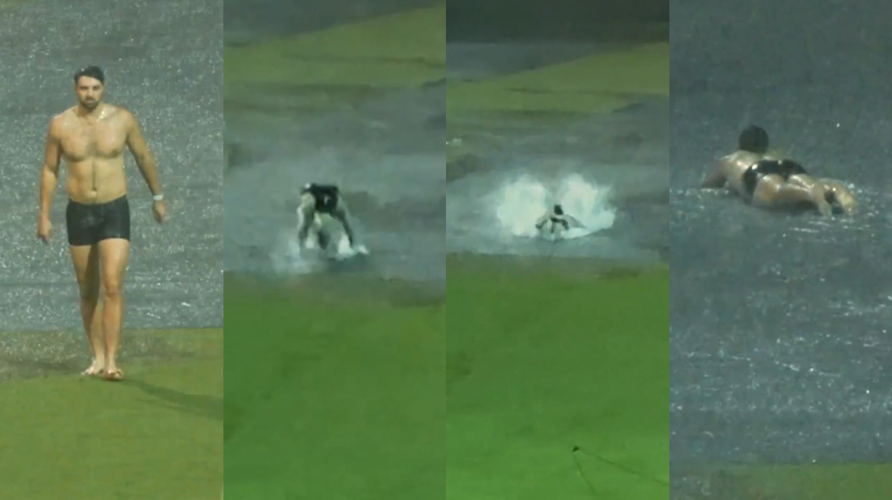 Tim David sliding on covers in water puddles | RCB X