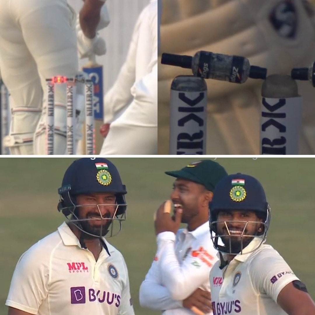 Pujara and Iyer have a laugh as Iyer was saved by a very stubborn bail | Twitter