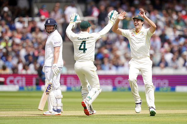 Carey and Cummins celebrate as Bairstow looks in disbelieve | Getty