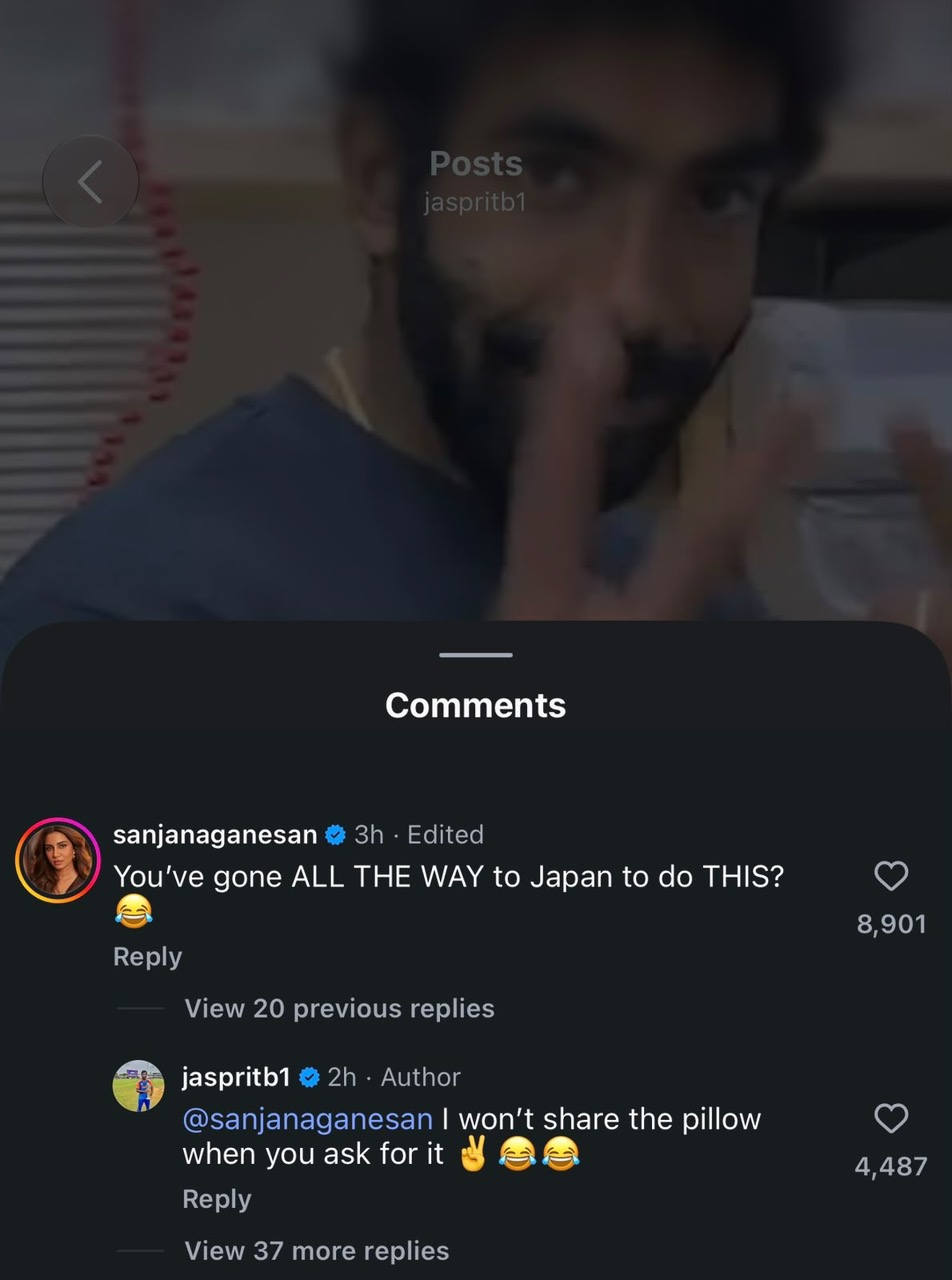 Bumrah's brilliant answer to wife Sanjana Ganesan's quip on his pillow video | Instagram