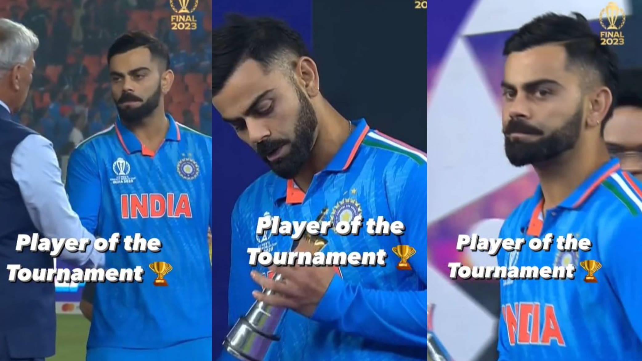 CWC 2023: WATCH- Virat Kohli collects his Player of the Tournament trophy with a glum face
