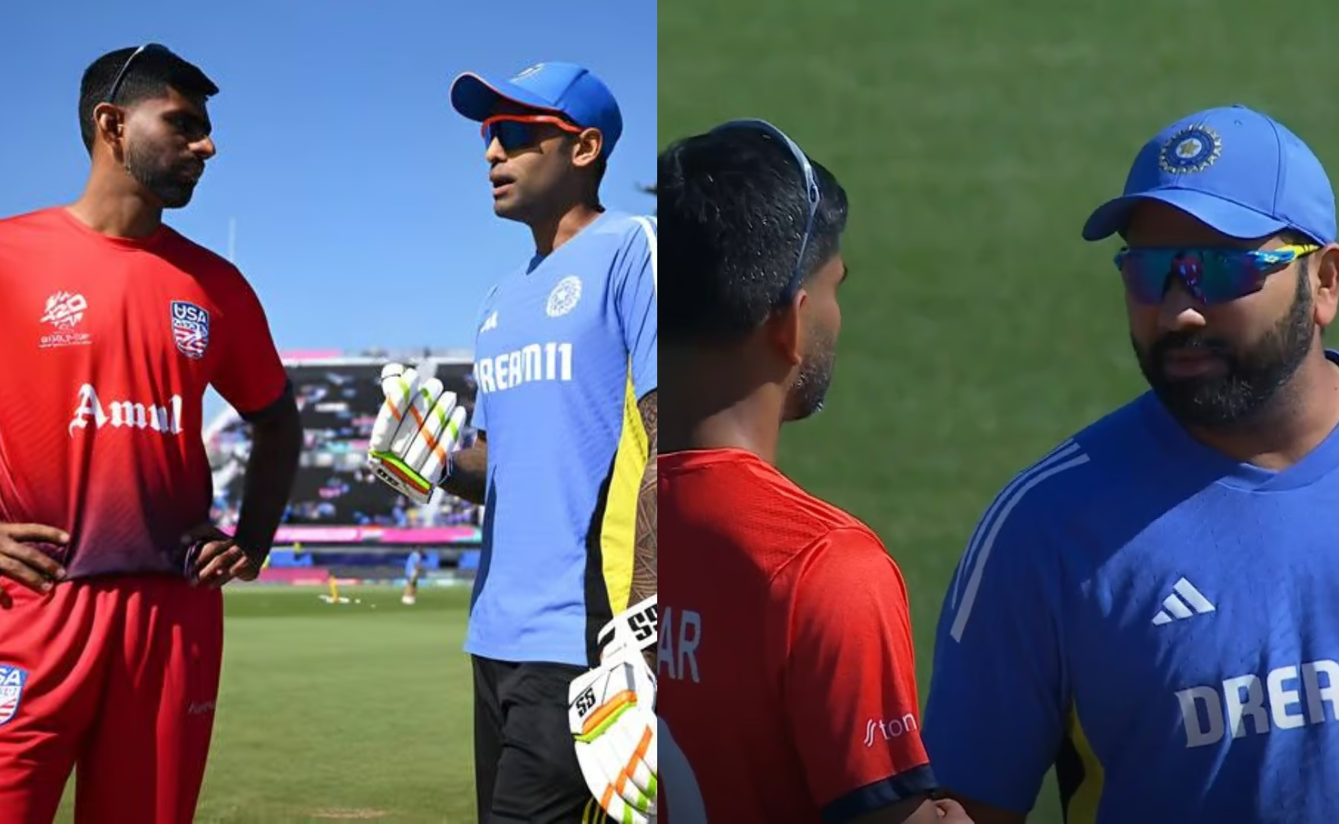 Saurabh Netravalkar with Suryakumar Yadav and Rohit Sharma | X