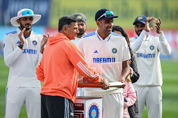 Rahul Dravid presented a special 100th Test cap to R Ashwin | Getty