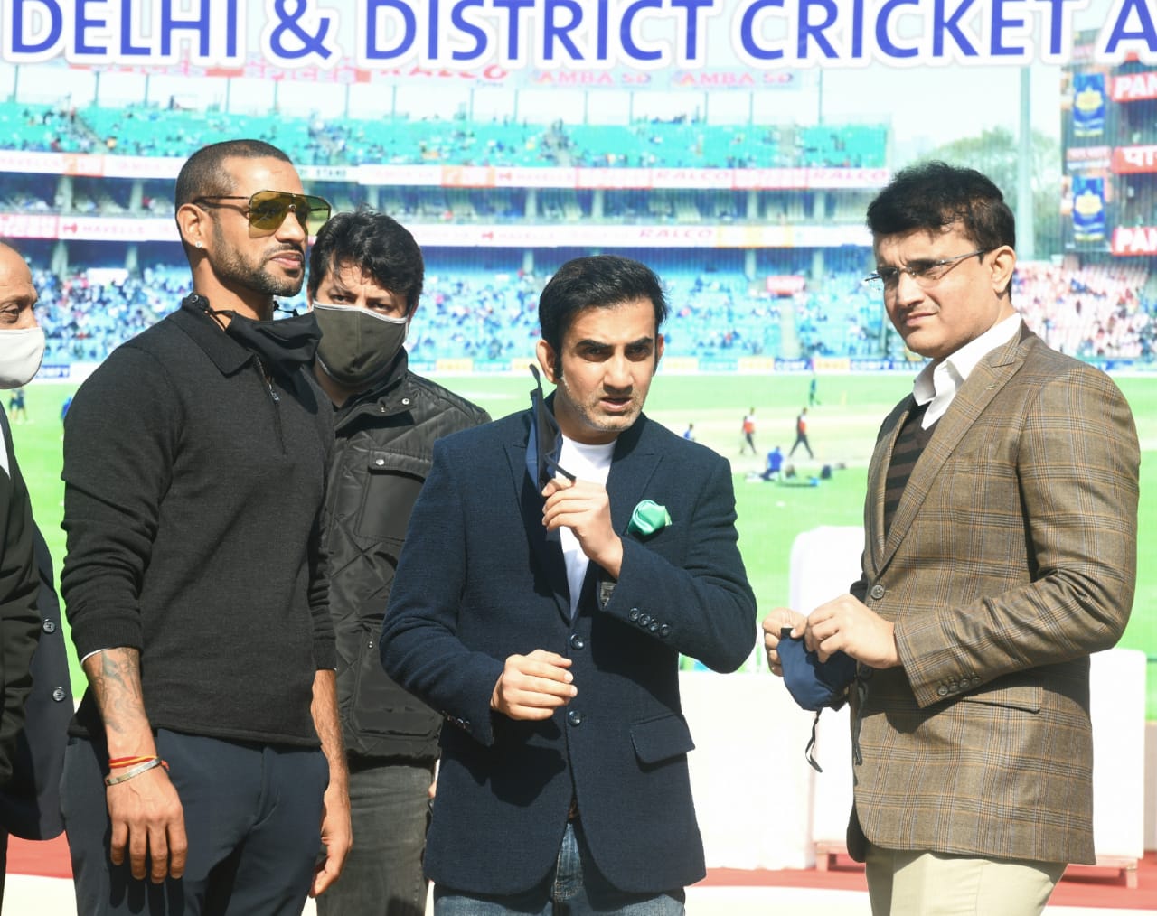 Shikhar Dhawan, Gautam Gambhir and Sourav Ganguly at the unveiling ceremony | Tribune India