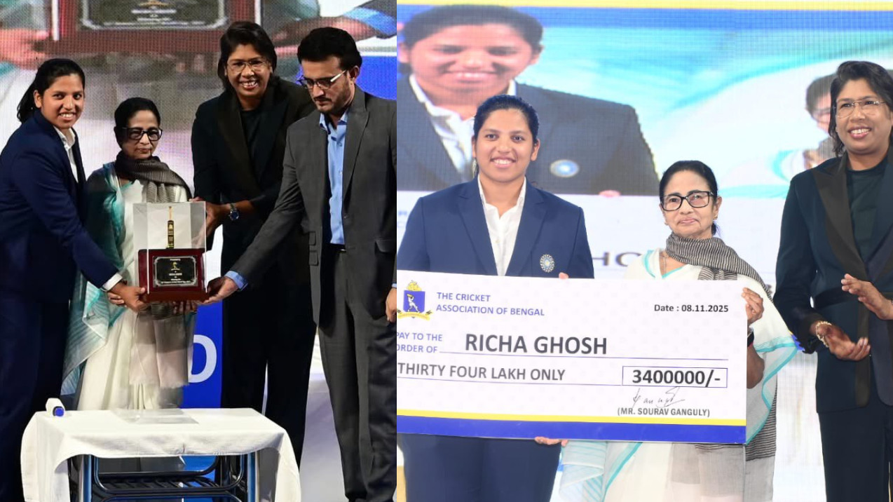 WATCH- Richa Ghosh receives INR 34 lakhs from Bengal CM Mamata Banerjee and CAB; gets Banga Bhushan award and DSP post