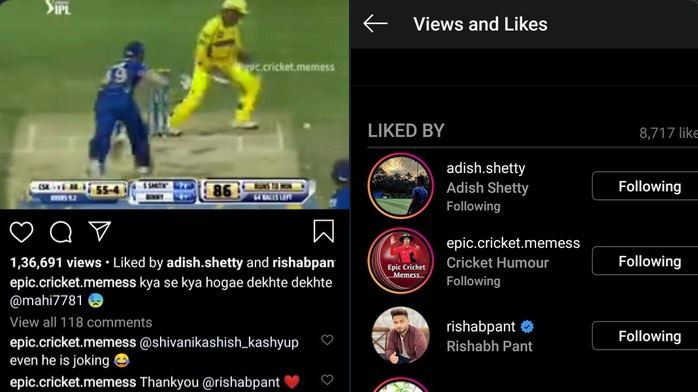 Rishabh Pant likes a post mocking MS Dhoni on Instagram