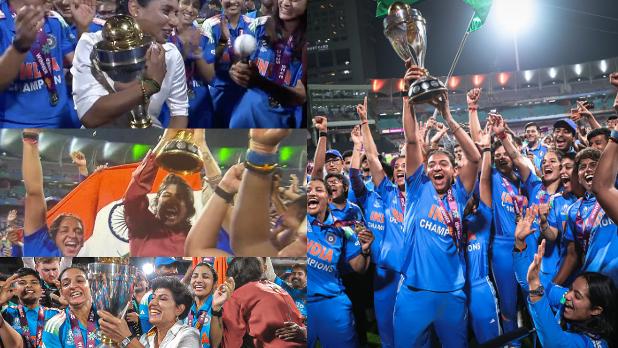 Indian team celebrating with ex players like Mithali, Jhulan and Anjum | X